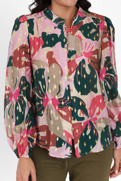 PINK FLORAL BLOUSE W/PINK LOOP TRIM main image 0