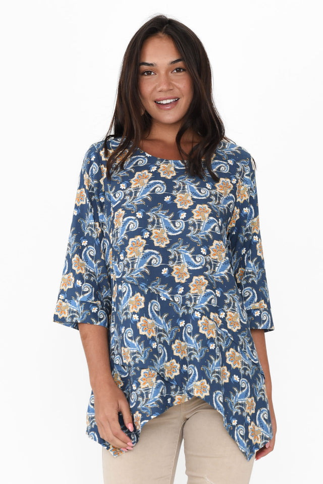 Anya Blue Botanical Linen Cotton Top