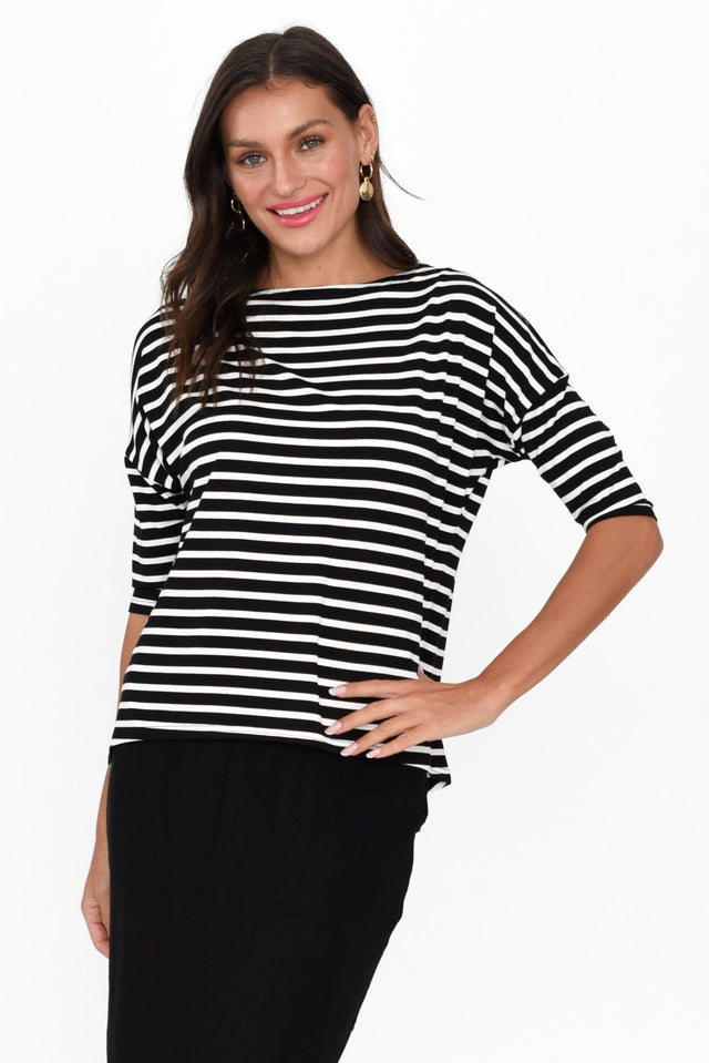 Camila Black Stripe Bamboo Top neckline_Round alt text|model:Brontie