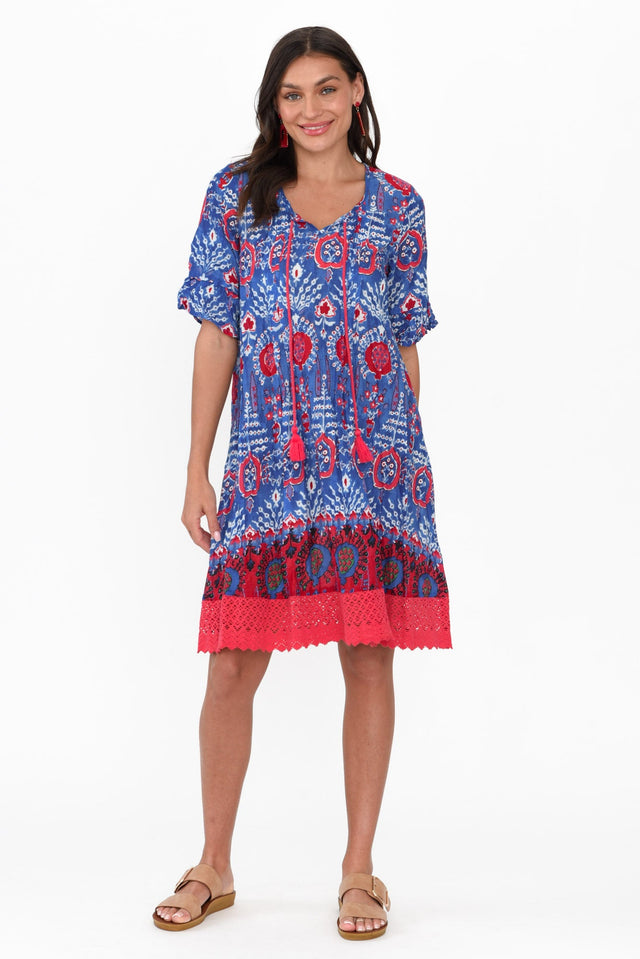 Cayman Blue Motif Cotton Tunic Dress hem_Straight length_Above Knee sleeve_Half sleevetype_Straight print_Paisley colour_Navy DRESSES alt text|model:Brontie