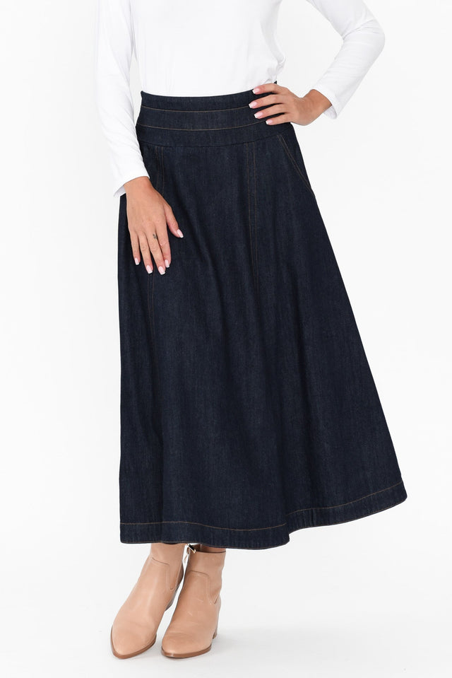 Dakota Dark Denim Skirt length_Midi print_Plain hem_Straight colour_Navy SKIRTS alt text|model:Brontie image 1