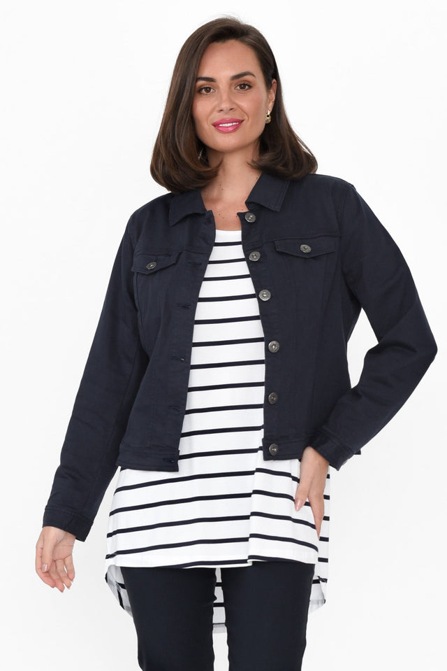 Danielle Navy Stretch Jean Jacket print_Plain length_Above Hip sleeve_Long hem_Straight sleevetype_Straight colour_Navy COATS & JACKETS alt text|model:MJ