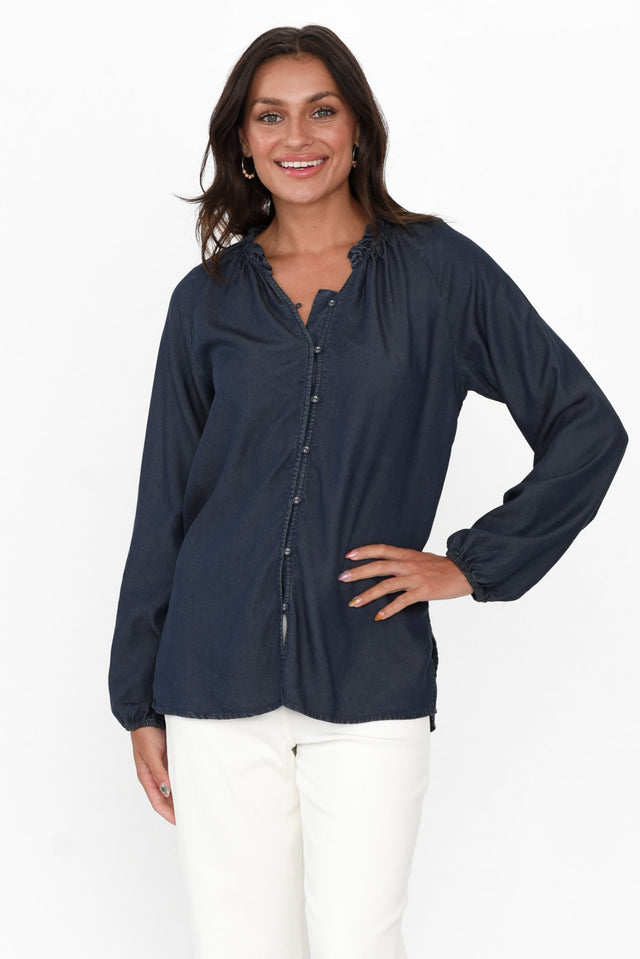 Drew Blue Denim Button Blouse neckline_V Neck alt text|model:Brontie