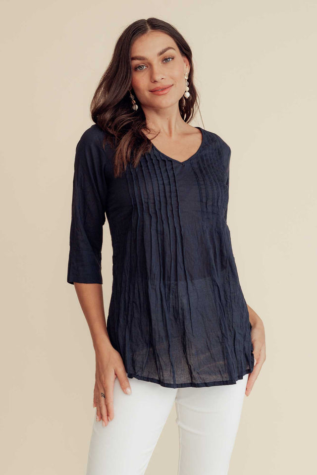 Fia Navy Sleeved Crinkle Cotton Top image 1