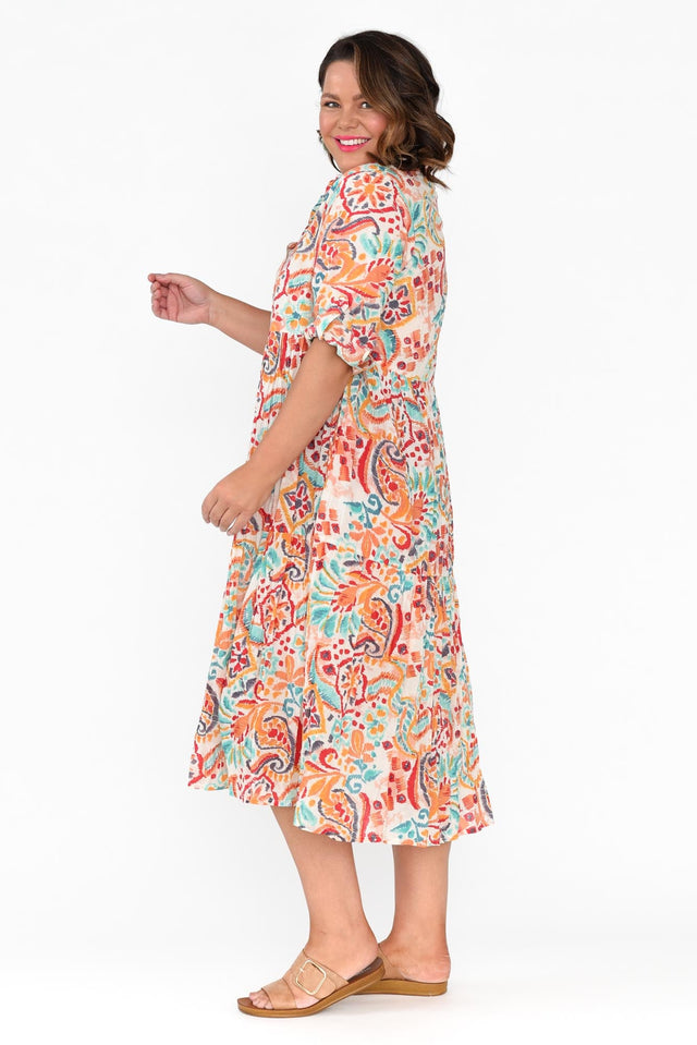 Giza Orange Abstract Organic Cotton Collared Dress image 8