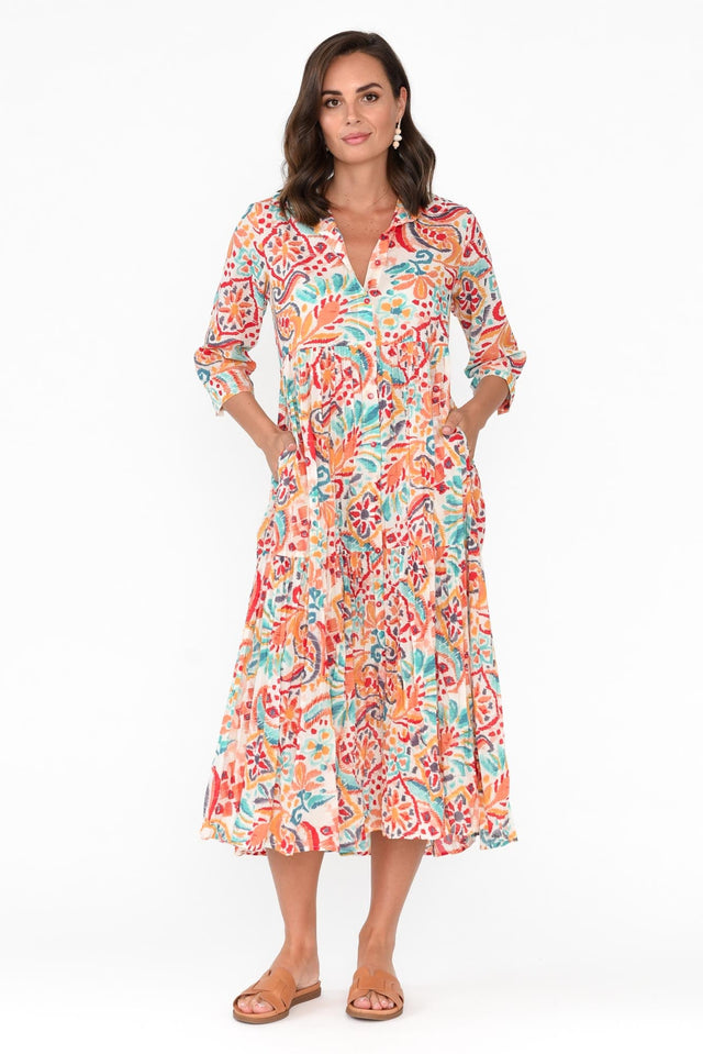Giza Orange Abstract Organic Cotton Collared Dress image 1