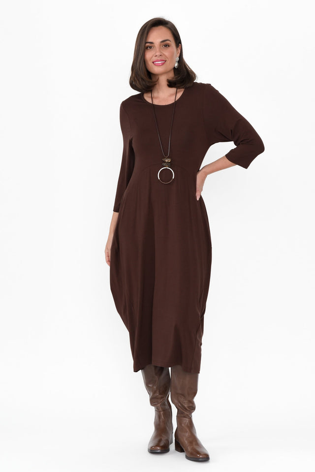 Glenda Chocolate Crescent Dress hem_Straight length_Midi sleeve_3/4 neckline_Round sleevetype_Straight print_Plain colour_Brown DRESSES alt text|model:MJ