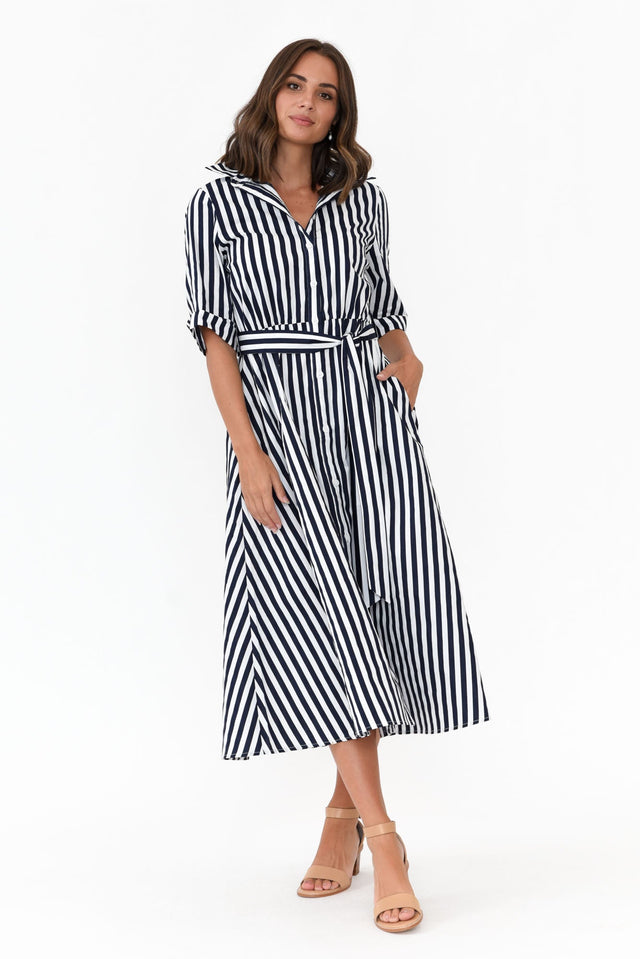 Grace Navy Stripe Cotton Poplin Dress alt text|model:MJ image 2