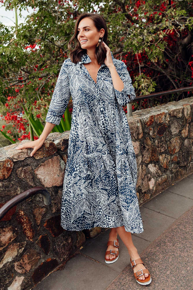 Leros Navy Jungle Organic Cotton Shirt Dress image 1