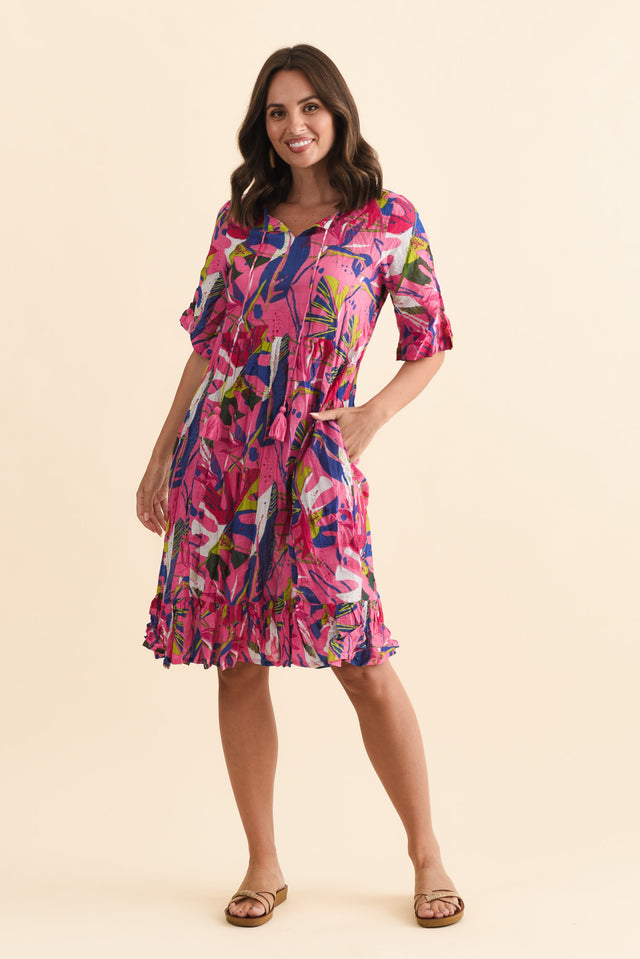 Mila Fuchsia Leaf Crinkle Cotton Dress image 1