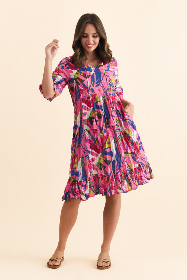 Mila Fuchsia Leaf Crinkle Cotton Dress image 3