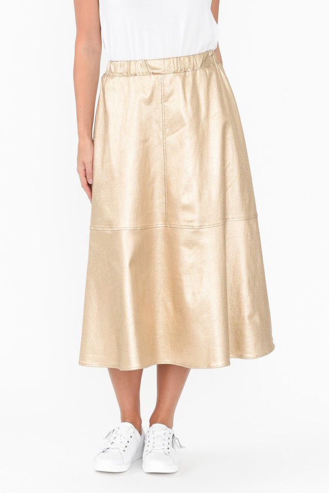 Oriel Gold Faux Leather Midi Skirt length_Midi print_Plain hem_Straight colour_Gold SKIRTS alt text|model:MJ