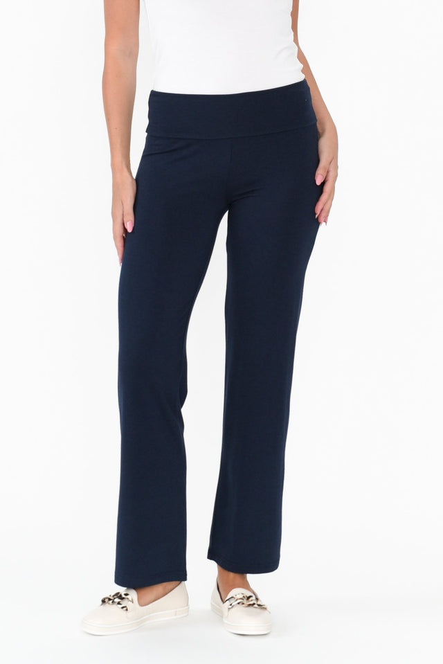 Pamela Dark Navy Bamboo Pants - Petite length_Full rise_High print_Plain colour_Navy PANTS alt text|model:MJ