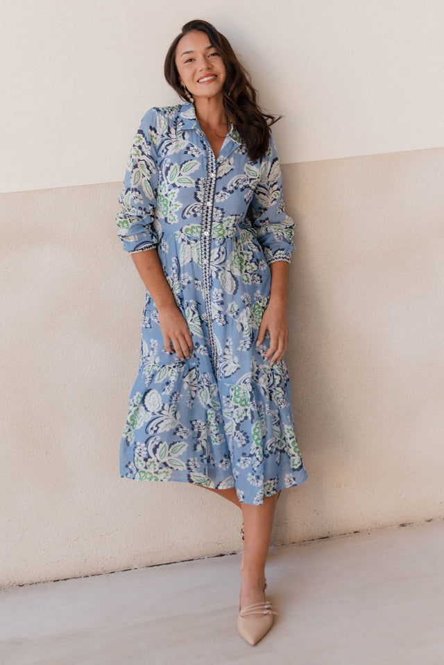 Coastal Blue Leaf Collared Dress
