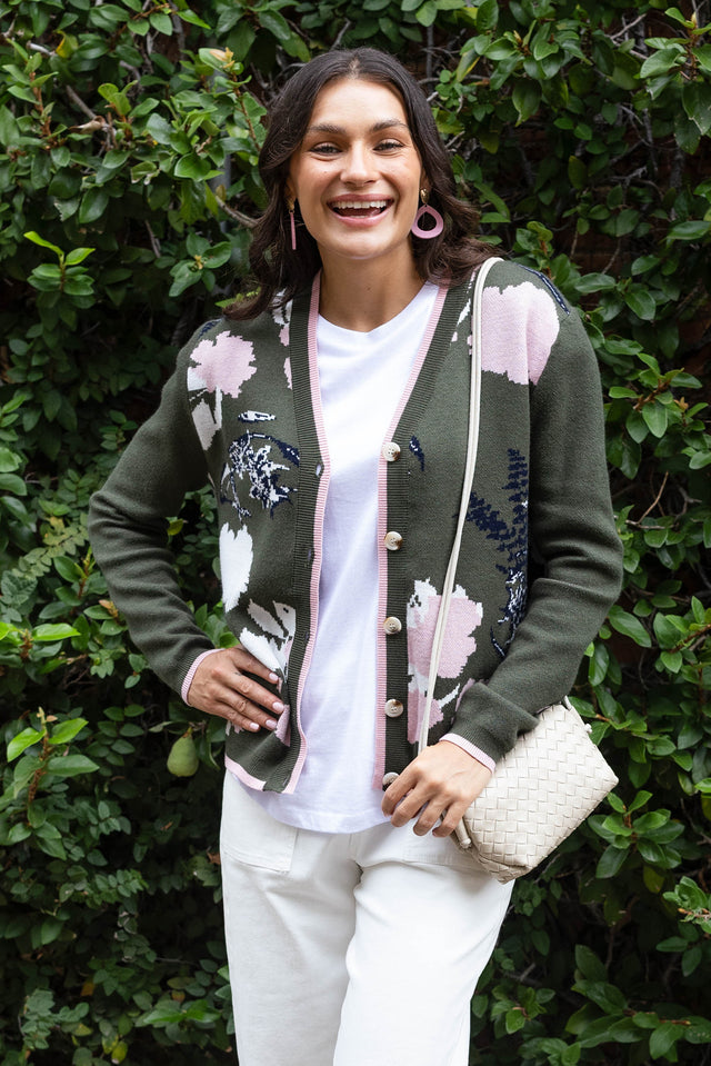 Bea Khaki Floral Knit Cardigan