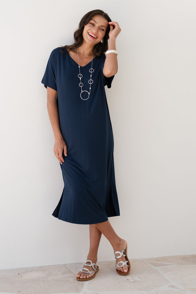 Dennis Navy Bamboo V Neck Dress image 1