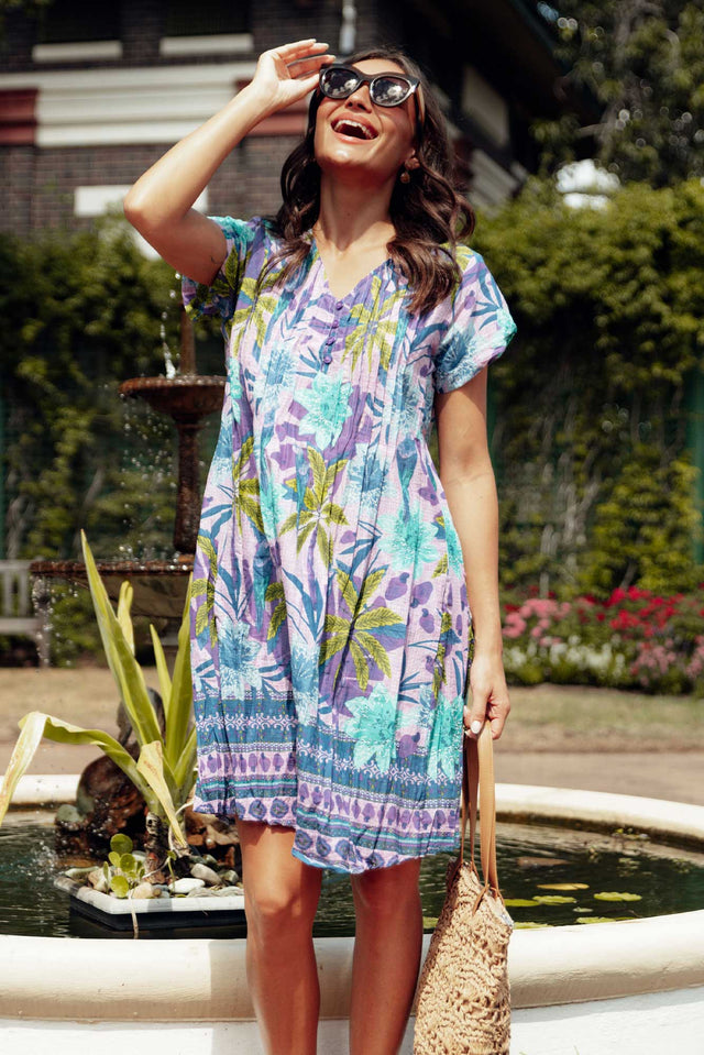 Sabina Purple Palm Crinkle Cotton Dress image 1
