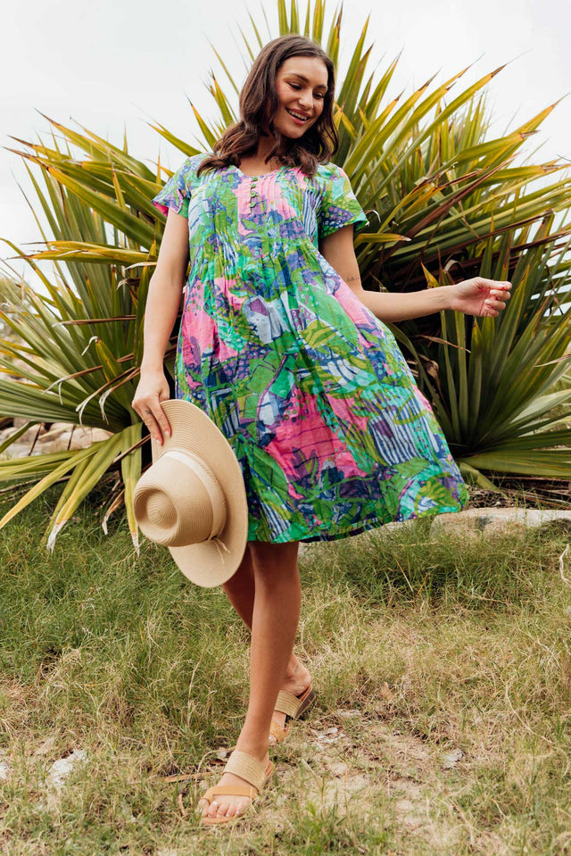Sabina Turquoise Leaf Crinkle Cotton Dress image 1