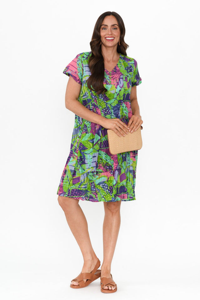 Sabina Turquoise Leaf Crinkle Cotton Dress image 2
