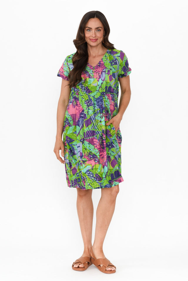 Sabina Turquoise Leaf Crinkle Cotton Dress image 4