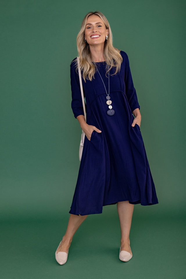 Zaelia Navy Sleeved Crescent Dress