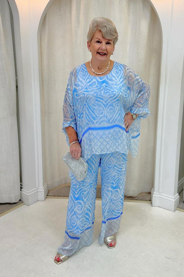 Trevino Blue Swirl Silk Overlay Top