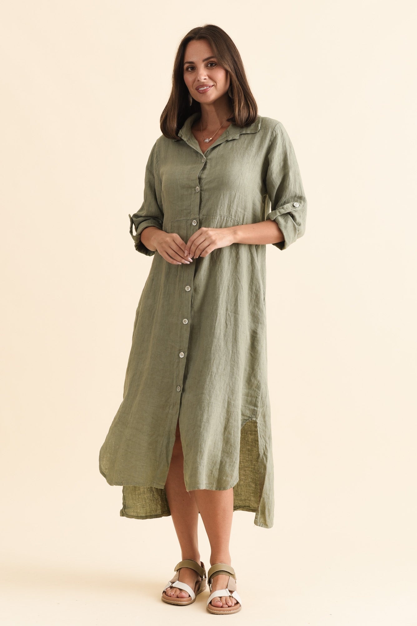 khaki linen shirt dress Women's Khaki Linen Look Tie WaisT-Shirt Dress