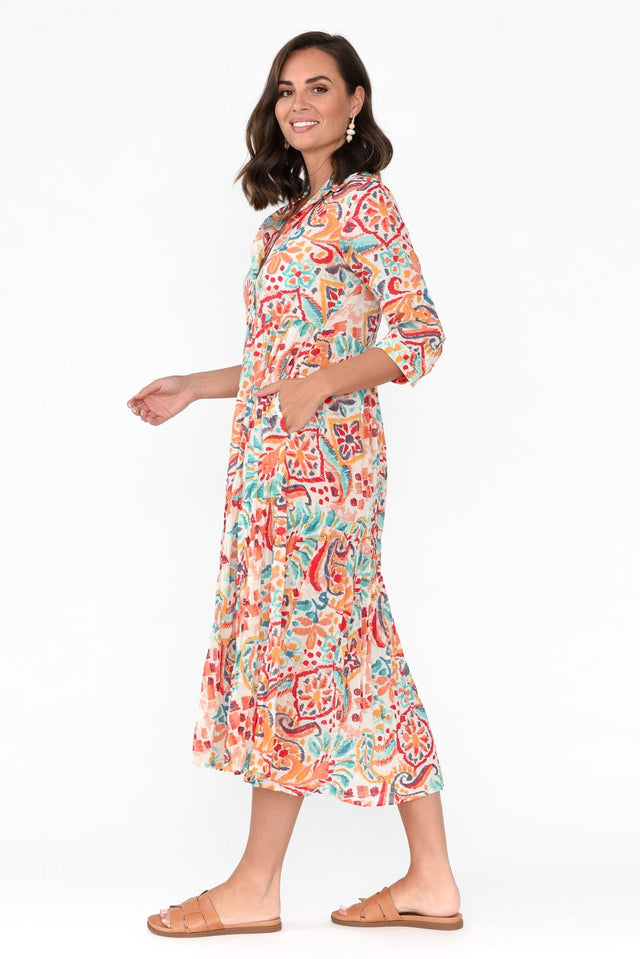 Giza Orange Abstract Organic Cotton Collared Dress image 4