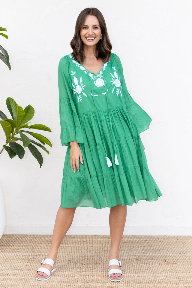Jamaica Green Cotton Embroidered Dress