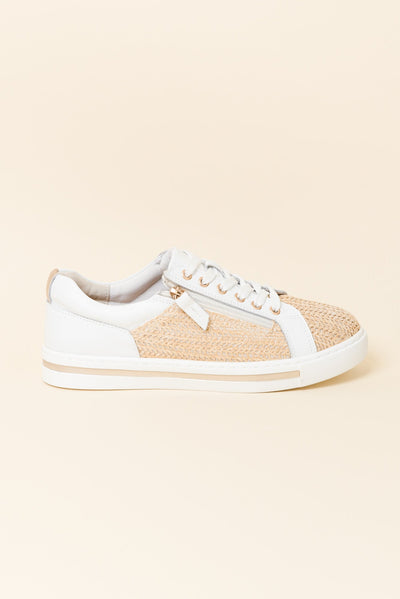 Koko White Raffia Leather Zip Sneaker