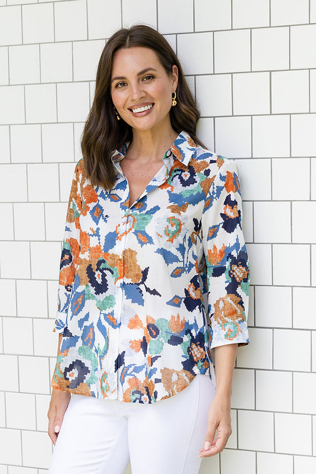 Lilah Orange Garden Cotton 3/4 Sleeved Shirt