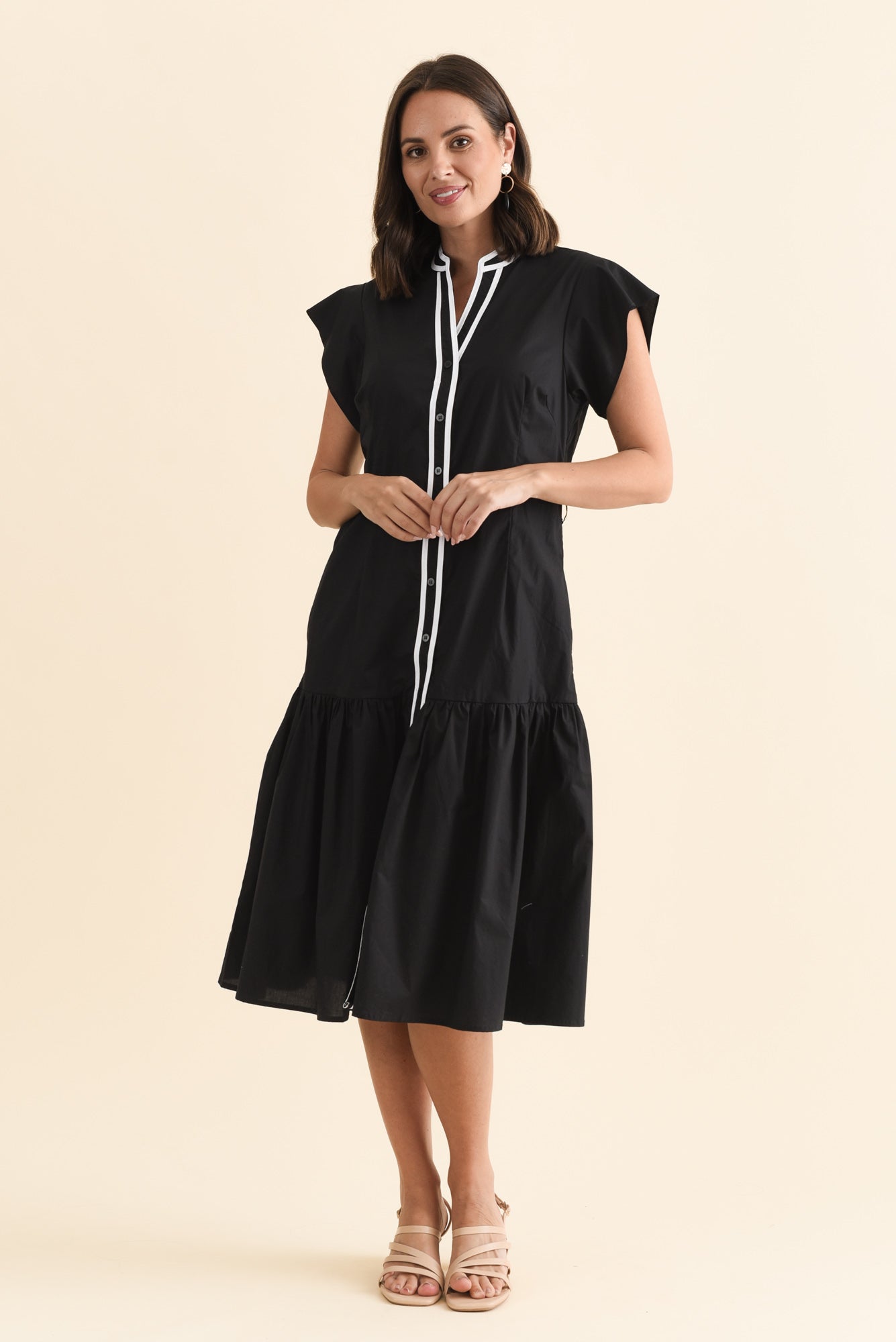 Mari Black Contrast Cotton Tie Dress US 10 Black Contrast