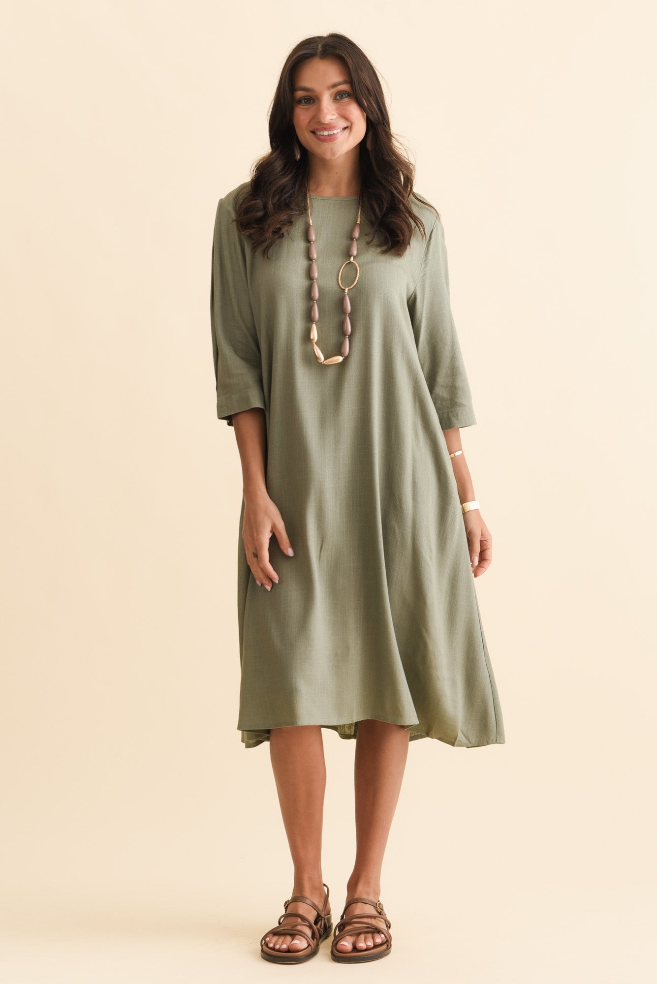 khaki linen dress Marley Blend With a deep v Linen shirt dress khaki