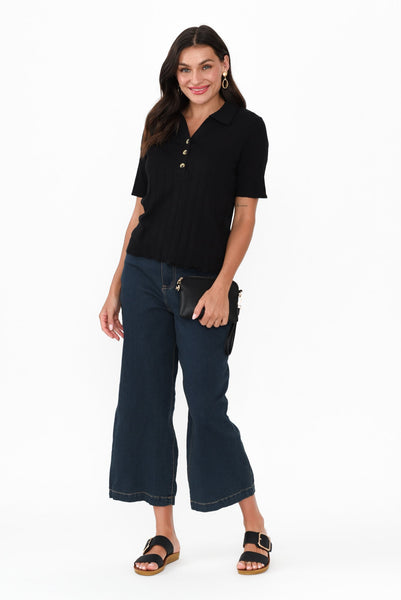 Novi Black Cotton Blend Ribbed Top - Blue Bungalow USA