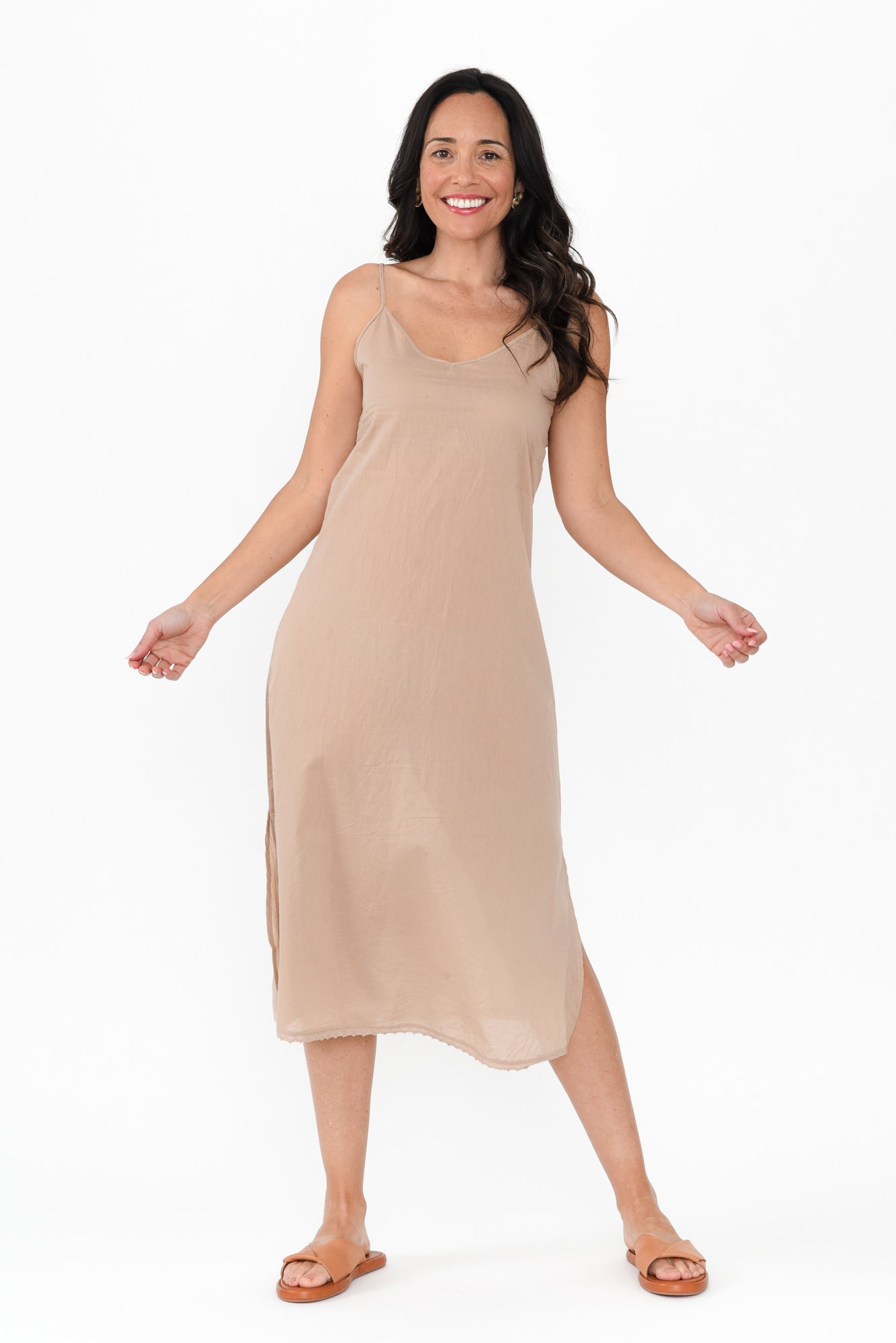nude cotton dress Nude Belted Cotton Dress