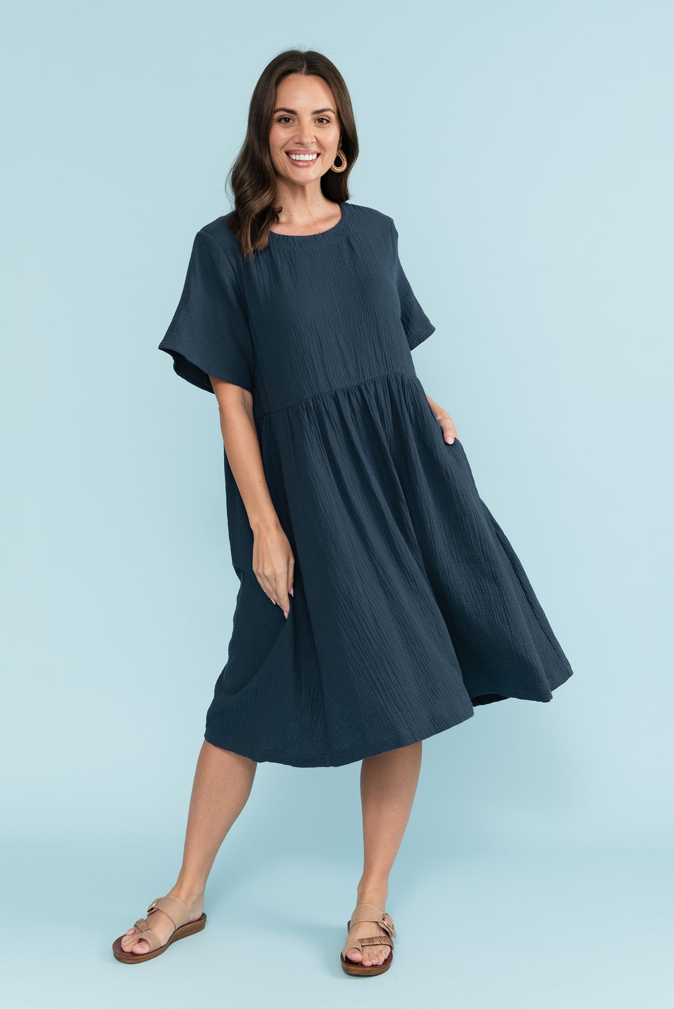 navy blue gauze dress Navy Blue Gauze Dress Collar Mid-length Dress With Mesh Sleeve