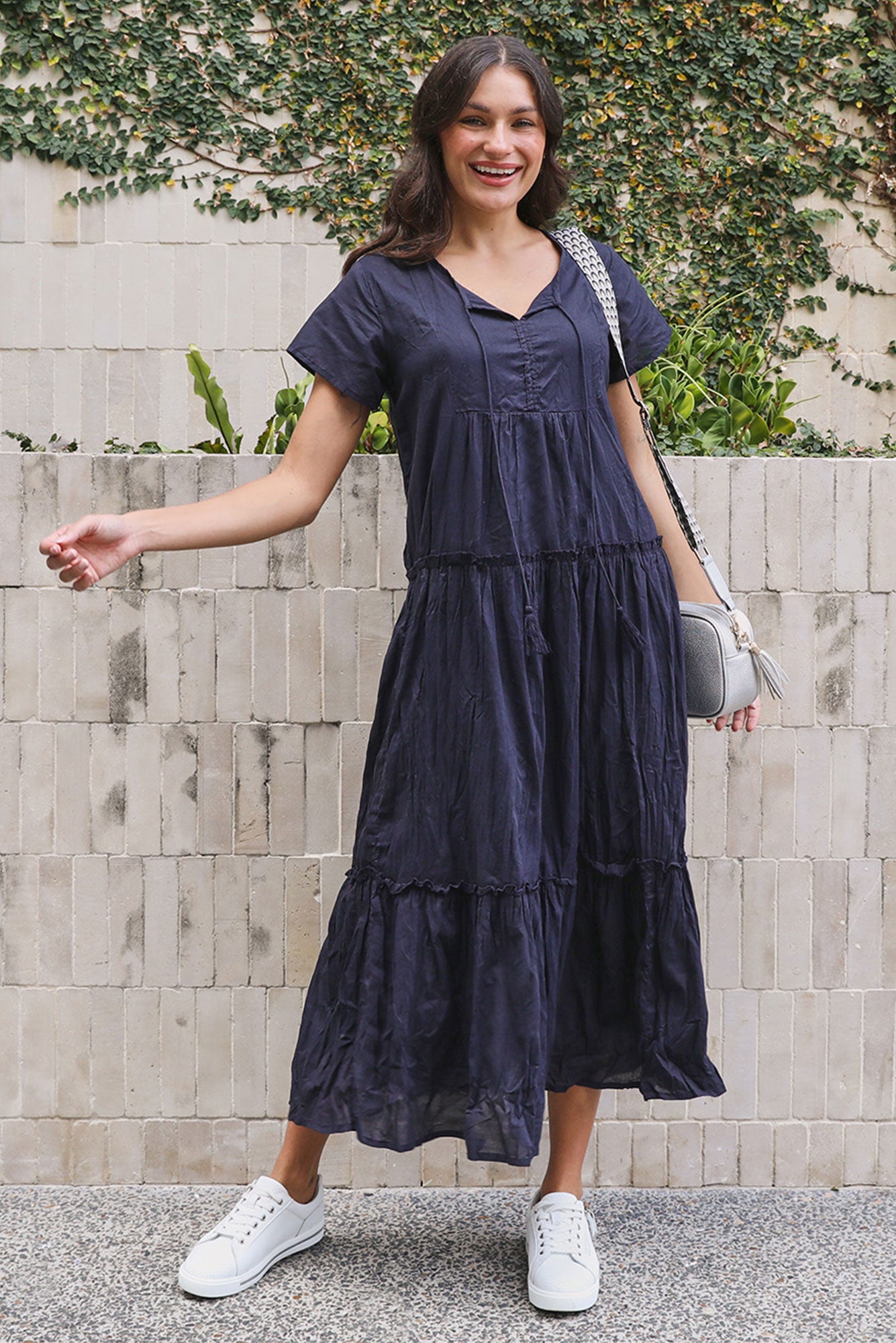 crinkle cotton maxi dress Nona Navy Crinkle Cotton Maxi Dress