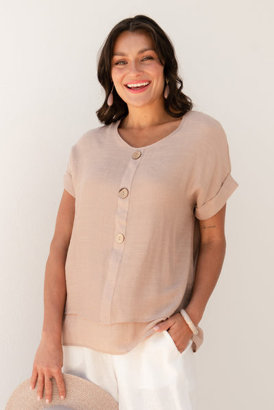 Abilene Beige Button Top