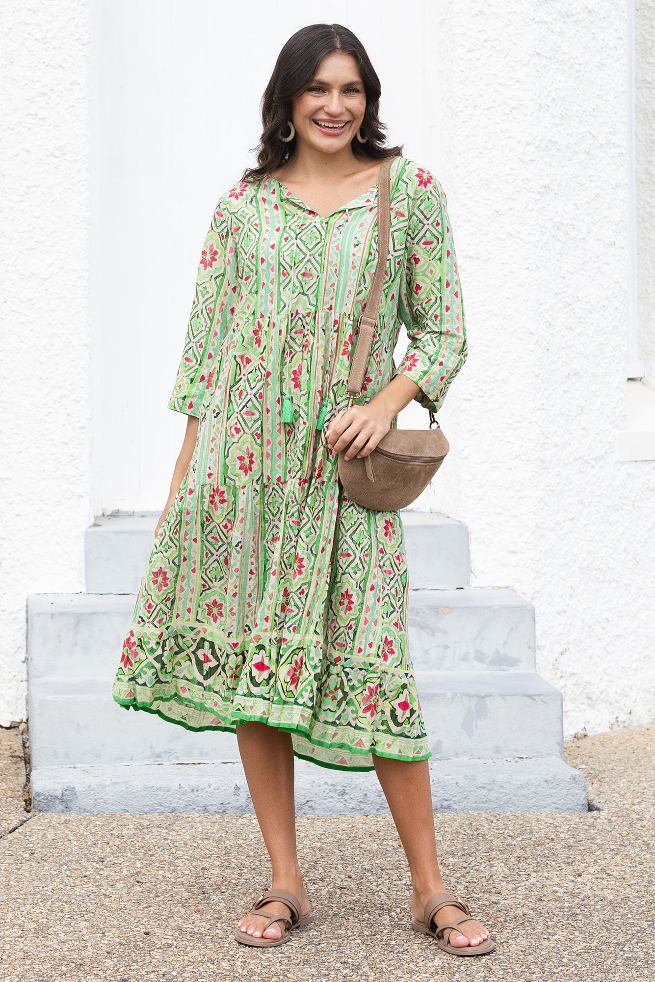 green crinkle dress PixieGirl Petite Women's Dark Green Crinkle Tiered Midi Dress
