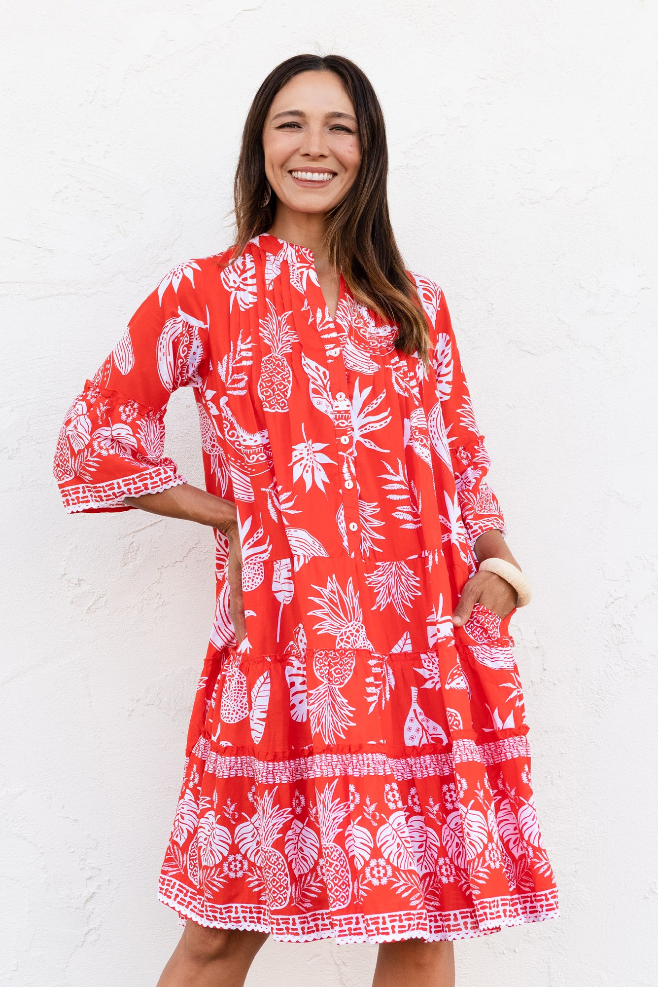 white christmas dresses Novelty Tropical Print Chore Dress with Flutter Sleeve - Xs main image 0