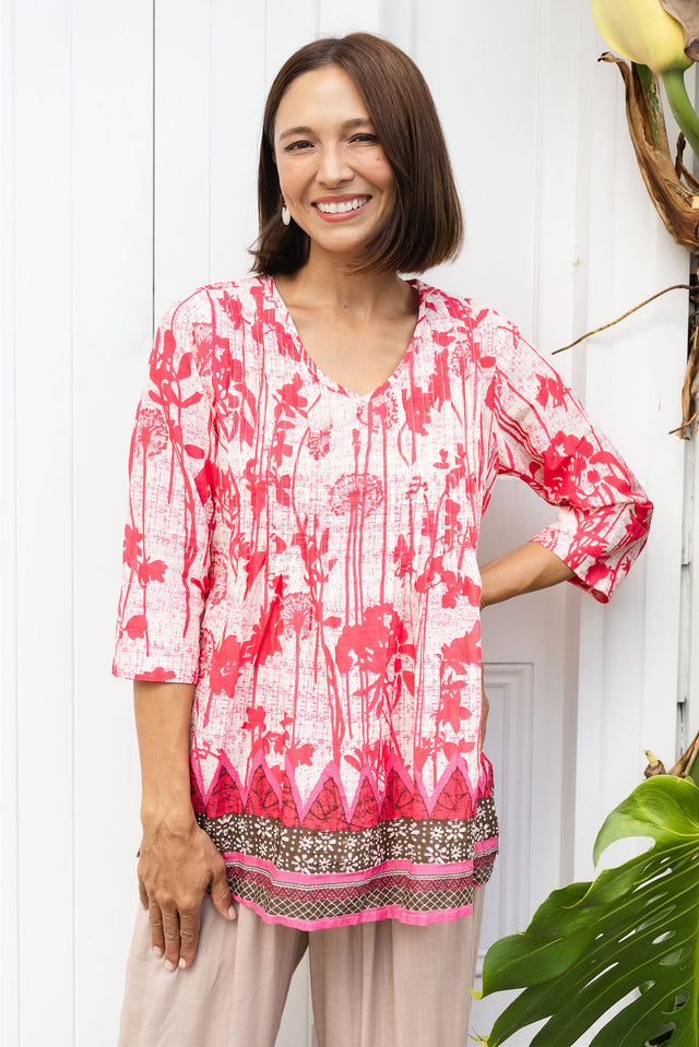 Fia Pink Dandelion Sleeved Crinkle Cotton Top