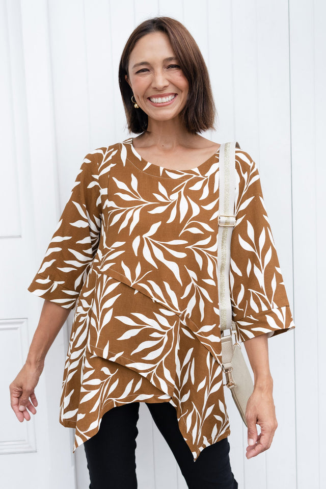 Anya Brown Leaf Linen Cotton Top