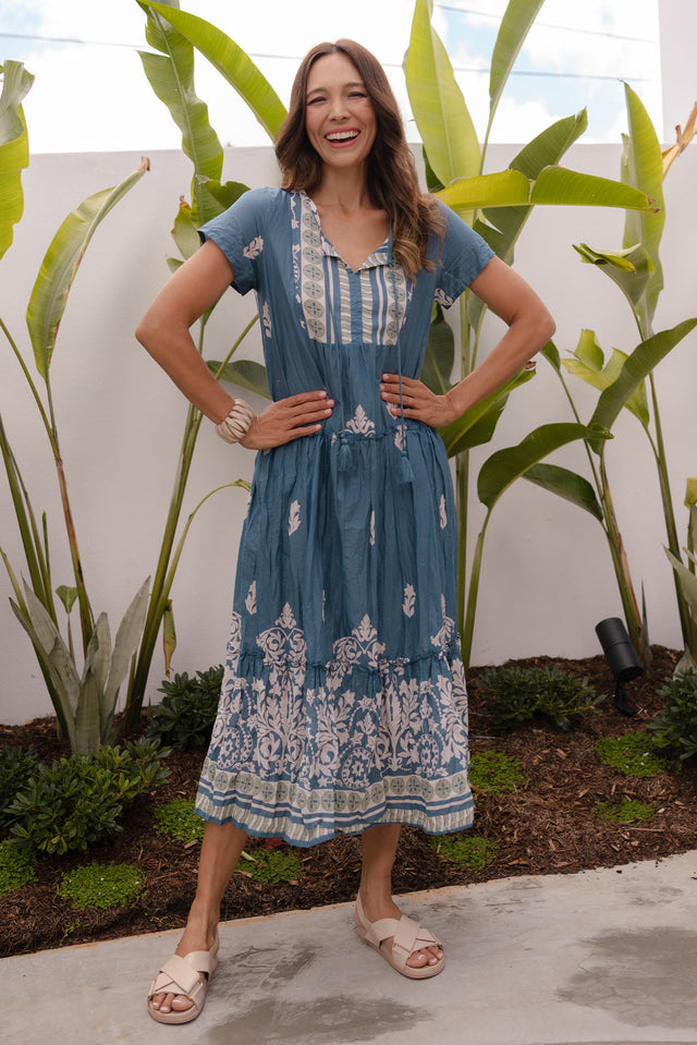 Nona Steel Abstract Crinkle Cotton Maxi Dress