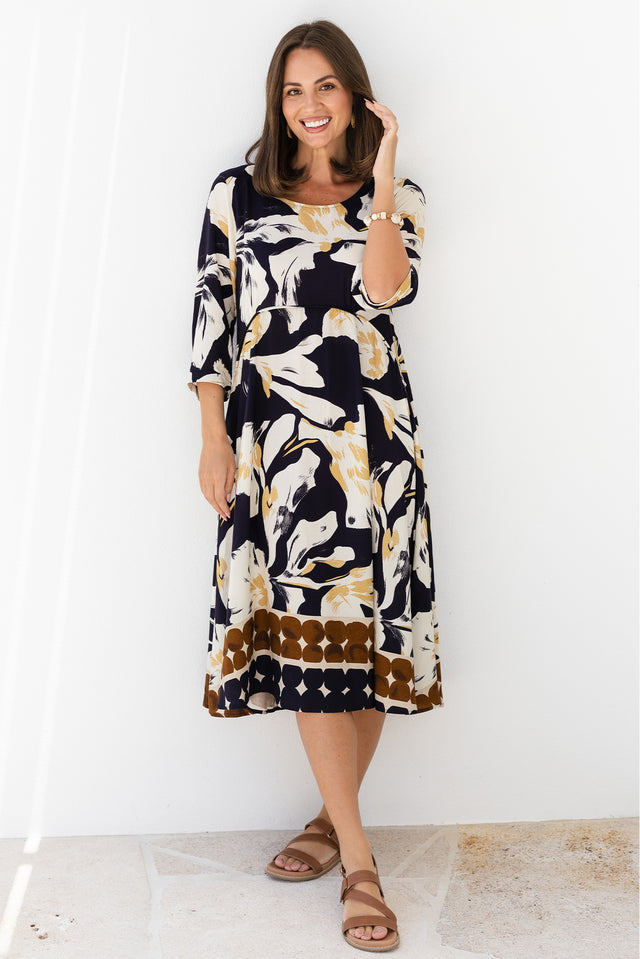 Zaelia Navy Abstract Sleeved Crescent Dress