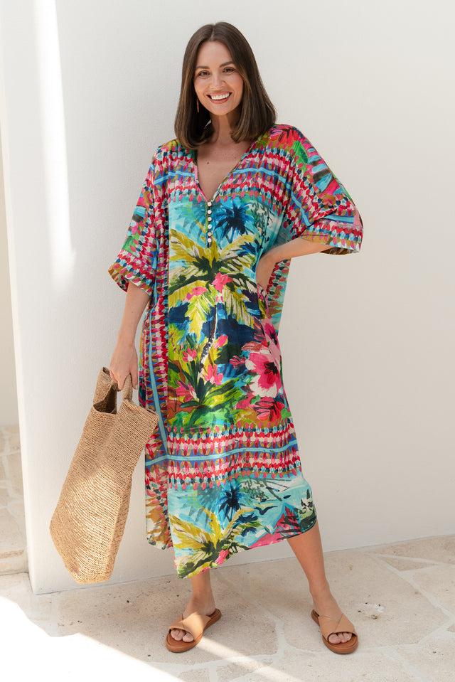 Tella Green Tropical Cotton Kaftan
