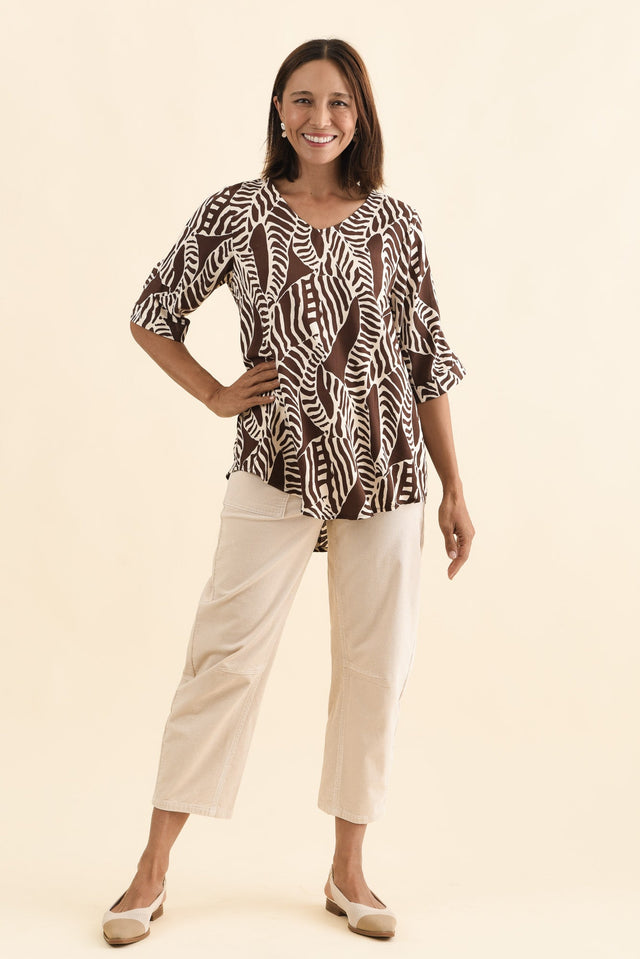 Riveria Brown Leaf V Neck Top